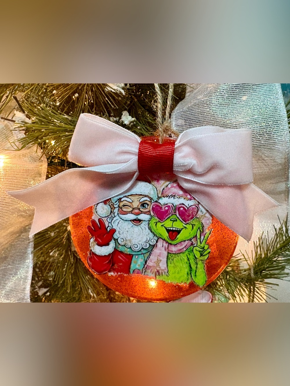 Pink Bow Christmas Ornament with Santa and Grinch Design